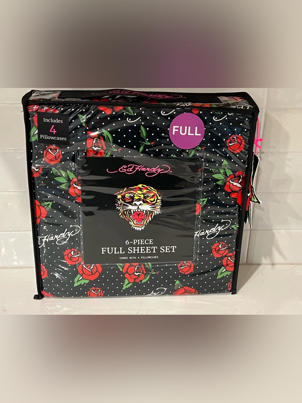 ED HARDY FULL Sheet Set 6pc New Black Polka Dots Roses Floral Tattoo Grunge Y2K